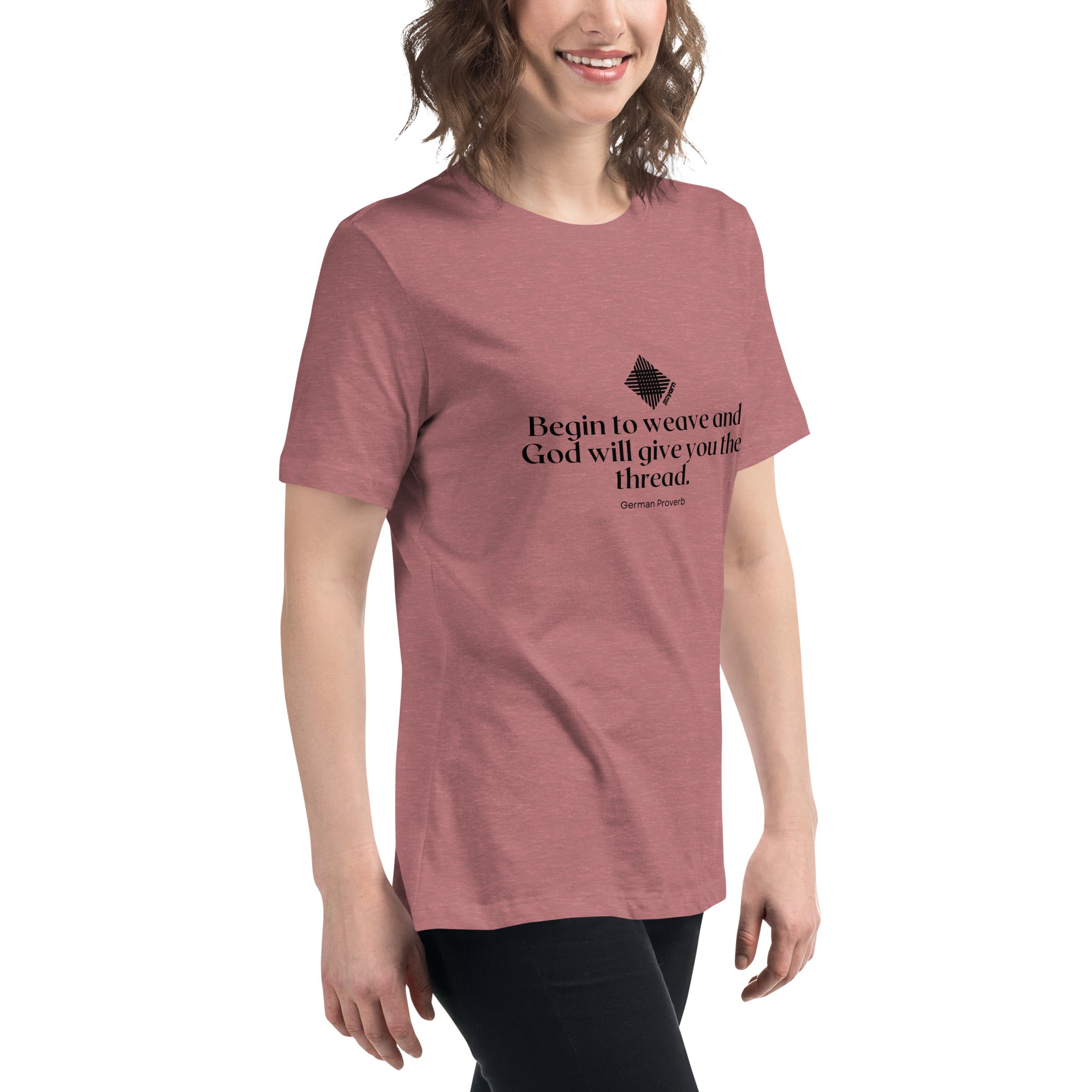 Darn Good Yarn “Begin to Weave” Women’s Relaxed Fit T-Shirt – Designed by Nicole Snow — Relaxed detail