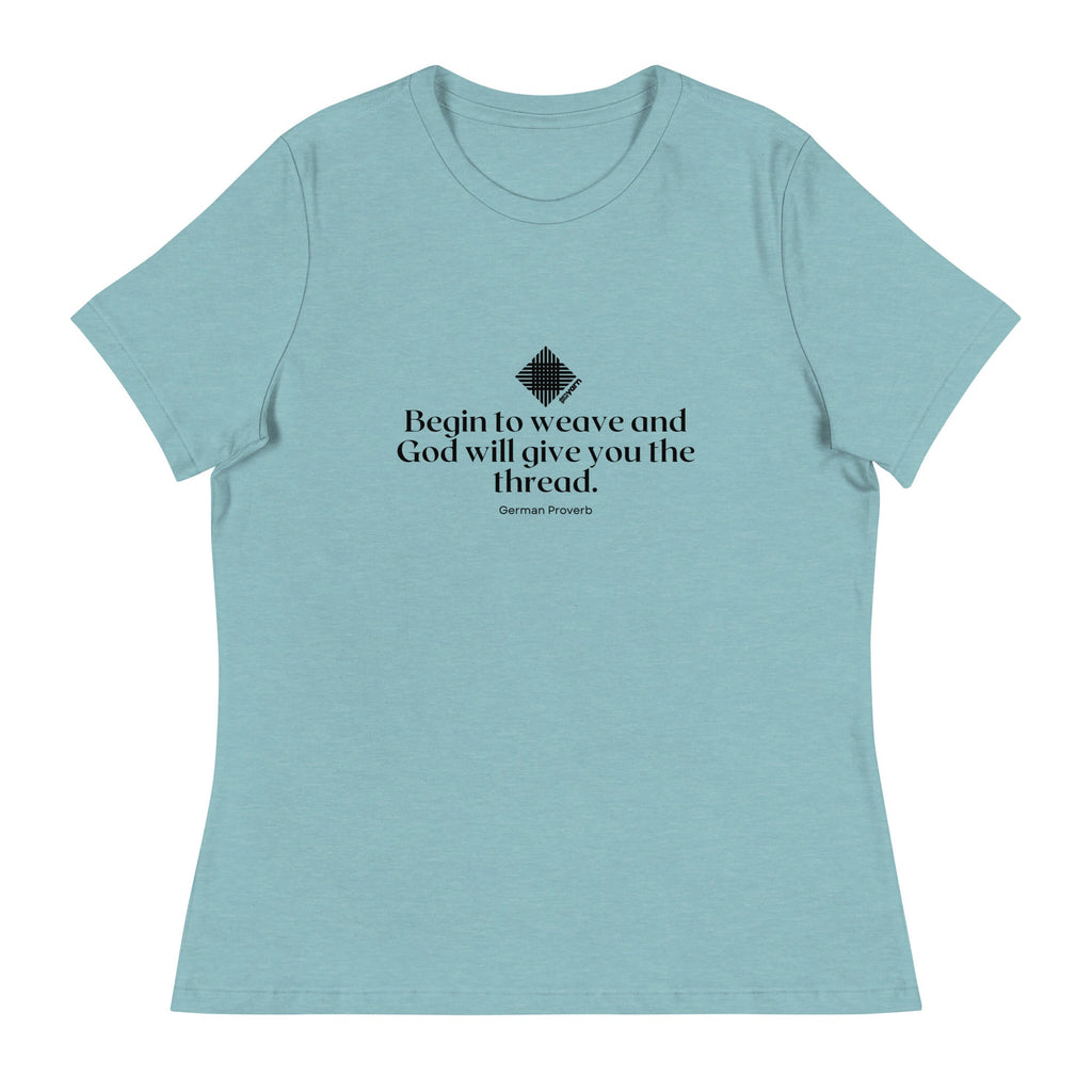 Darn Good Yarn “Begin to Weave” Women’s Relaxed Fit T-Shirt – Designed by Nicole Snow — Darn Good Yarn branding close-up