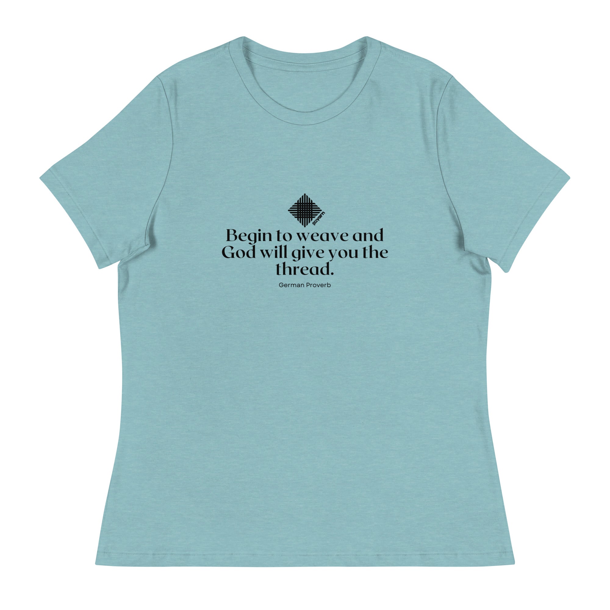 Darn Good Yarn “Begin to Weave” Women’s Relaxed Fit T-Shirt – Designed by Nicole Snow — Darn Good Yarn branding close-up
