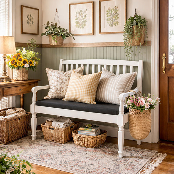 Decor Steals Vintage-Inspired Wooden Bench with Upholstered Seat — main product shot