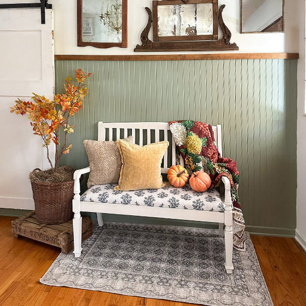 Decor Steals Vintage-Inspired Wooden Bench with Upholstered Seat — lifestyle context