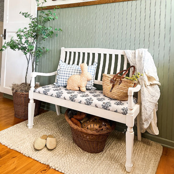 Decor Steals Vintage-Inspired Wooden Bench with Upholstered Seat — side view