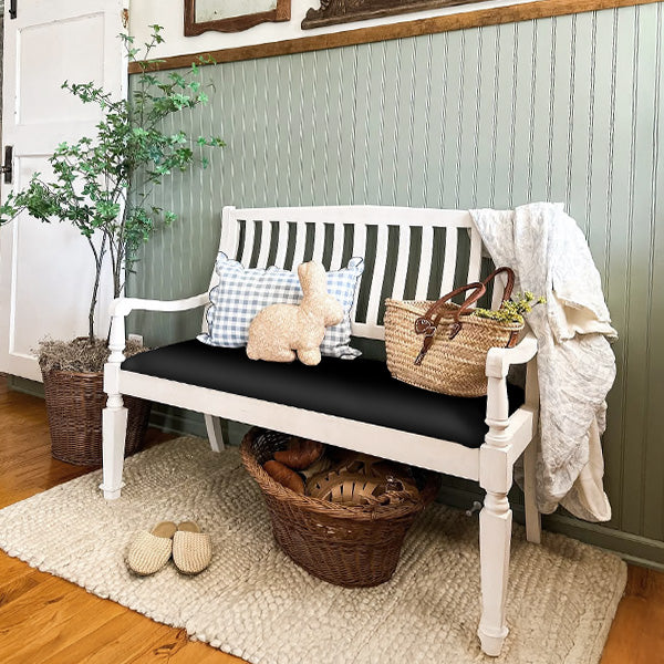 Decor Steals Vintage-Inspired Wooden Bench with Upholstered Seat — in-use photo
