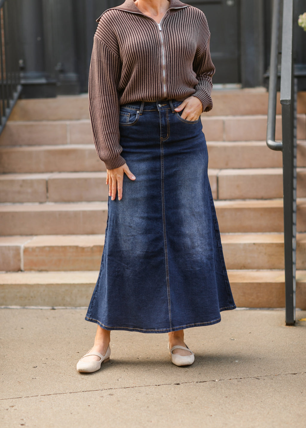 Inherit Co. Bethany Dark Wash A-line Long Denim Skirt — comparison shot