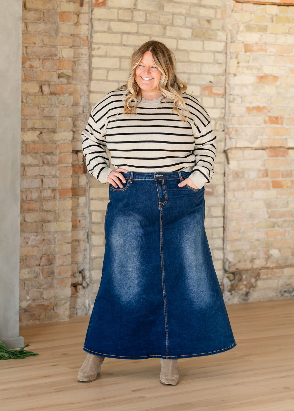 Inherit Co. Bethany Dark Wash A-line Long Denim Skirt — packaging