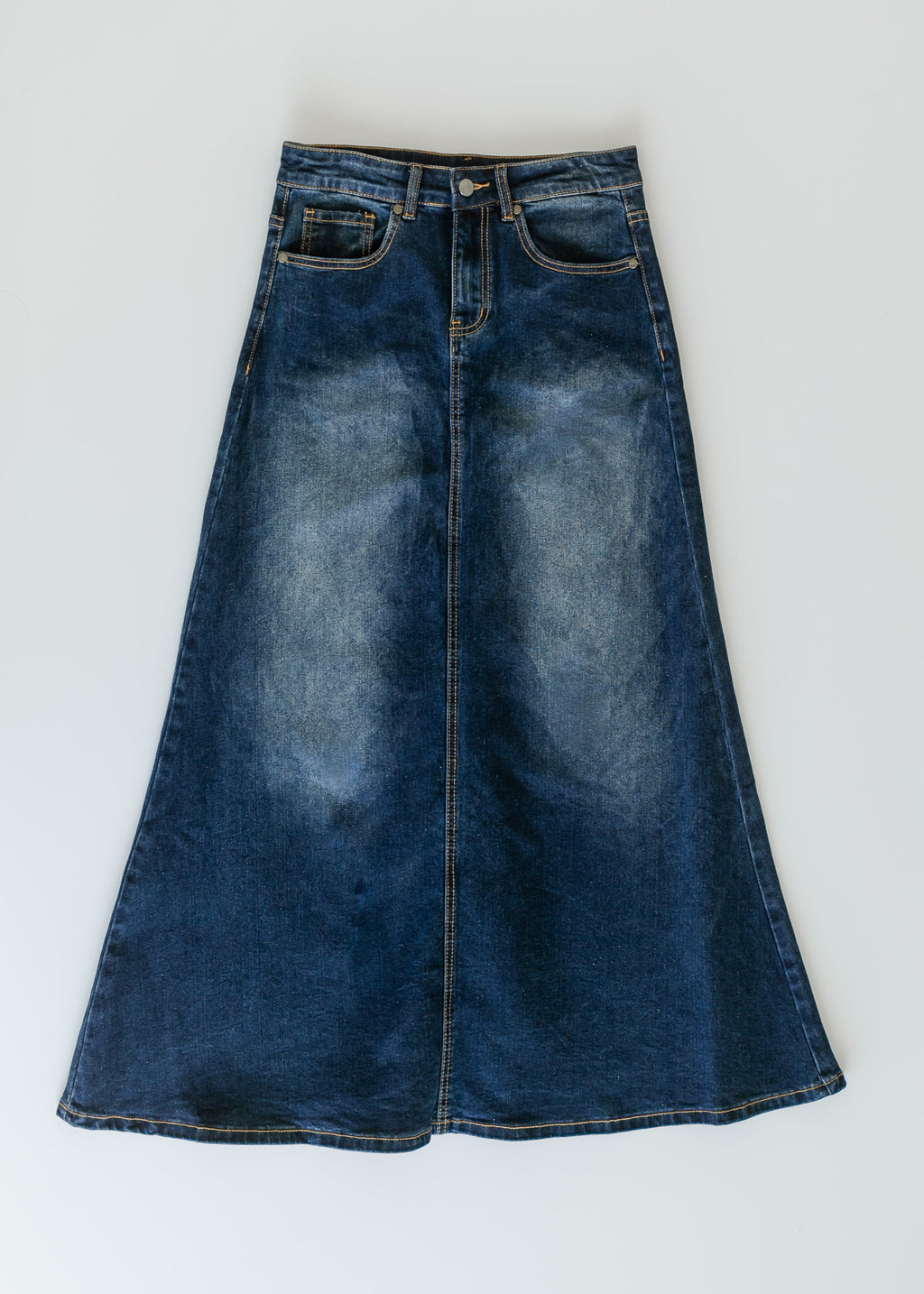 Inherit Co. Bethany Dark Wash A-line Long Denim Skirt — fabric or material detail
