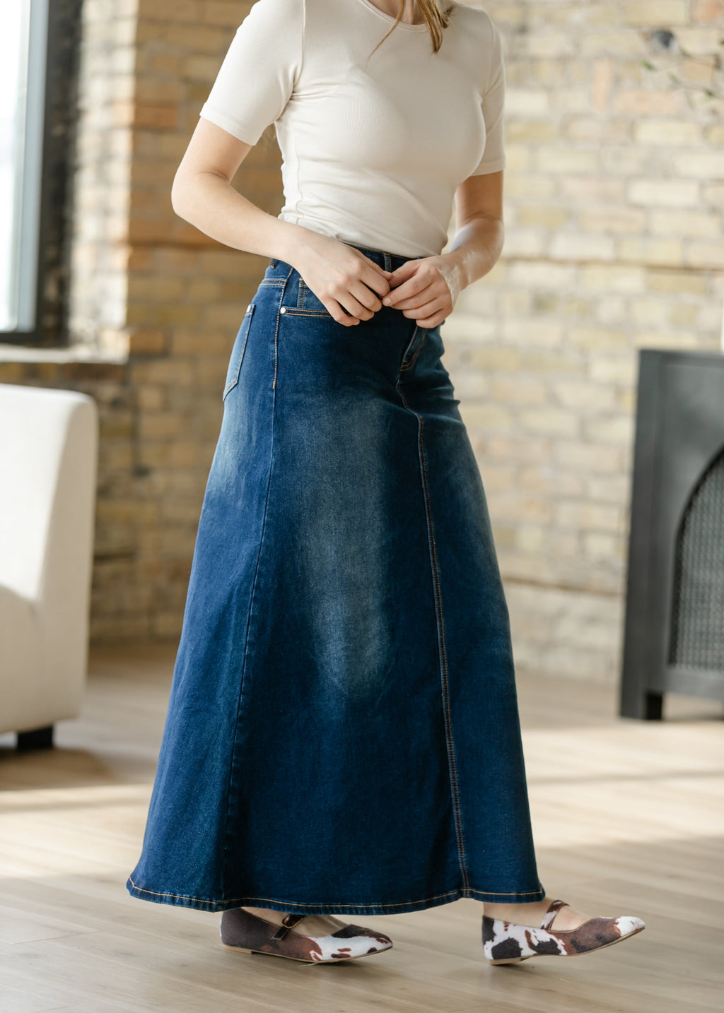 Inherit Co. Bethany Dark Wash A-line Long Denim Skirt — alternative angle