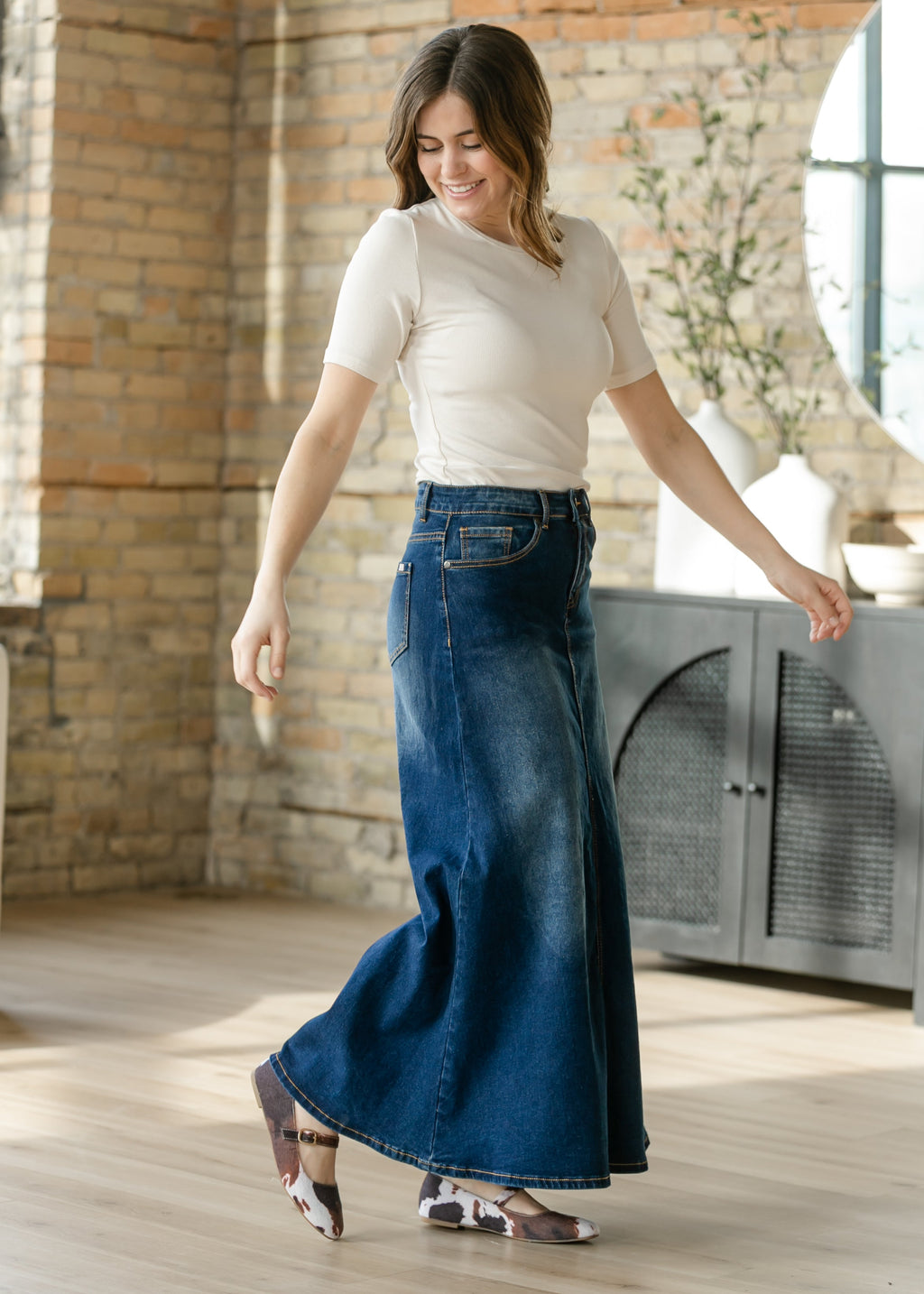 Inherit Co. Bethany Dark Wash A-line Long Denim Skirt — back view