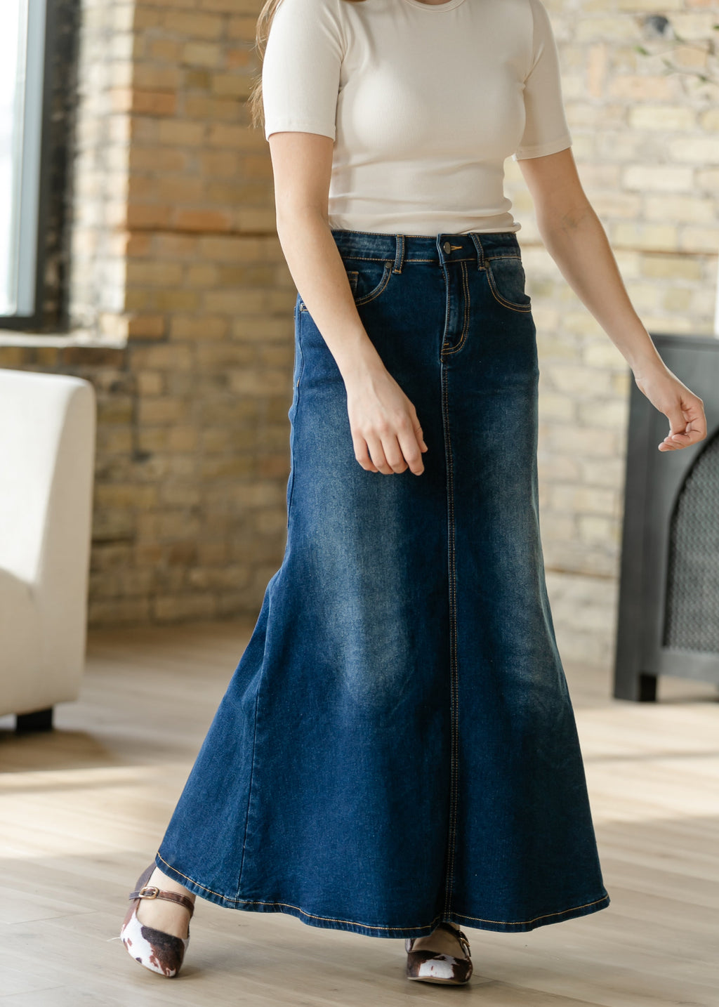 Inherit Co. Bethany Dark Wash A-line Long Denim Skirt — side view