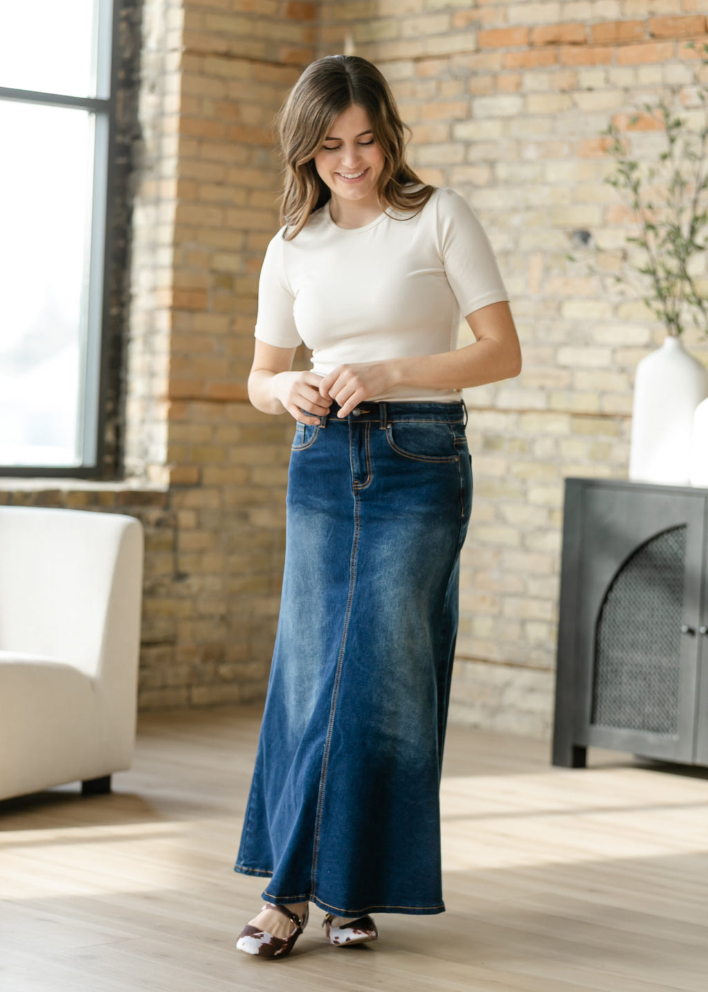 Inherit Co. Bethany Dark Wash A-line Long Denim Skirt — lifestyle context
