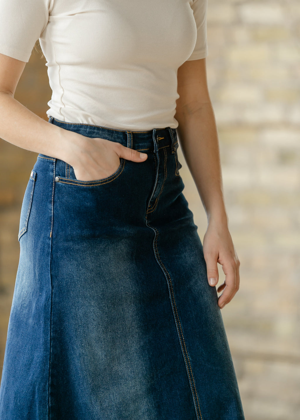 Inherit Co. Bethany Dark Wash A-line Long Denim Skirt — in-use photo