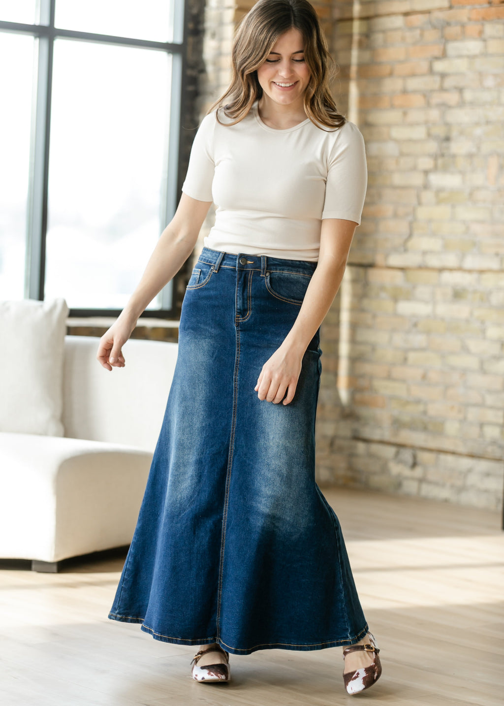 Inherit Co. Bethany Dark Wash A-line Long Denim Skirt — detail close-up