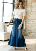 Inherit Co. Bethany Dark Wash A-line Long Denim Skirt — detail close-up