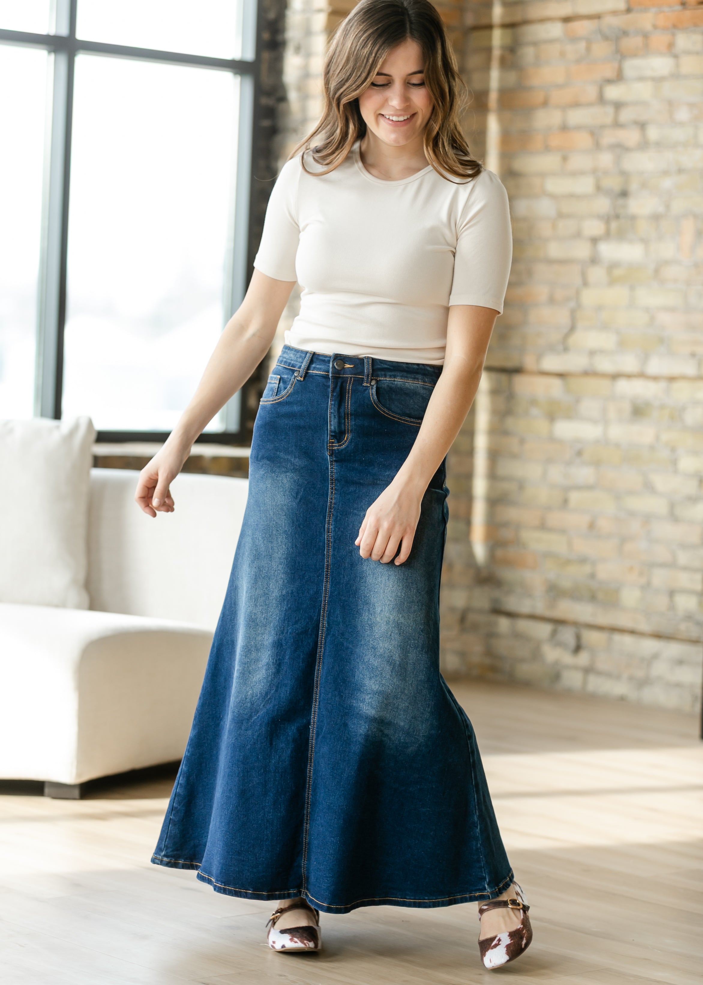 Inherit Co. Bethany Dark Wash A-line Long Denim Skirt — detail close-up