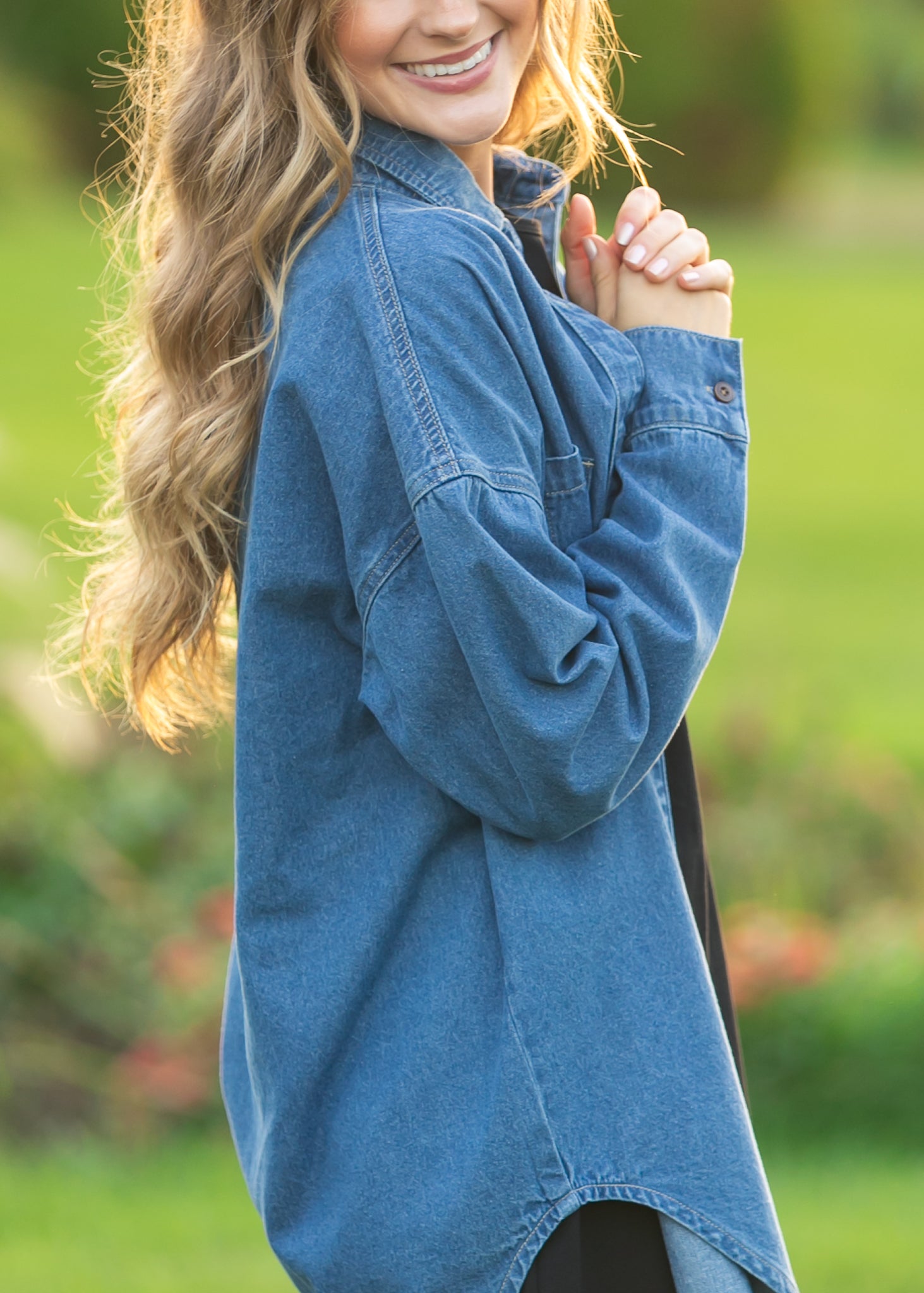 Inherit Co. Betty Denim Button Up Top — product on model