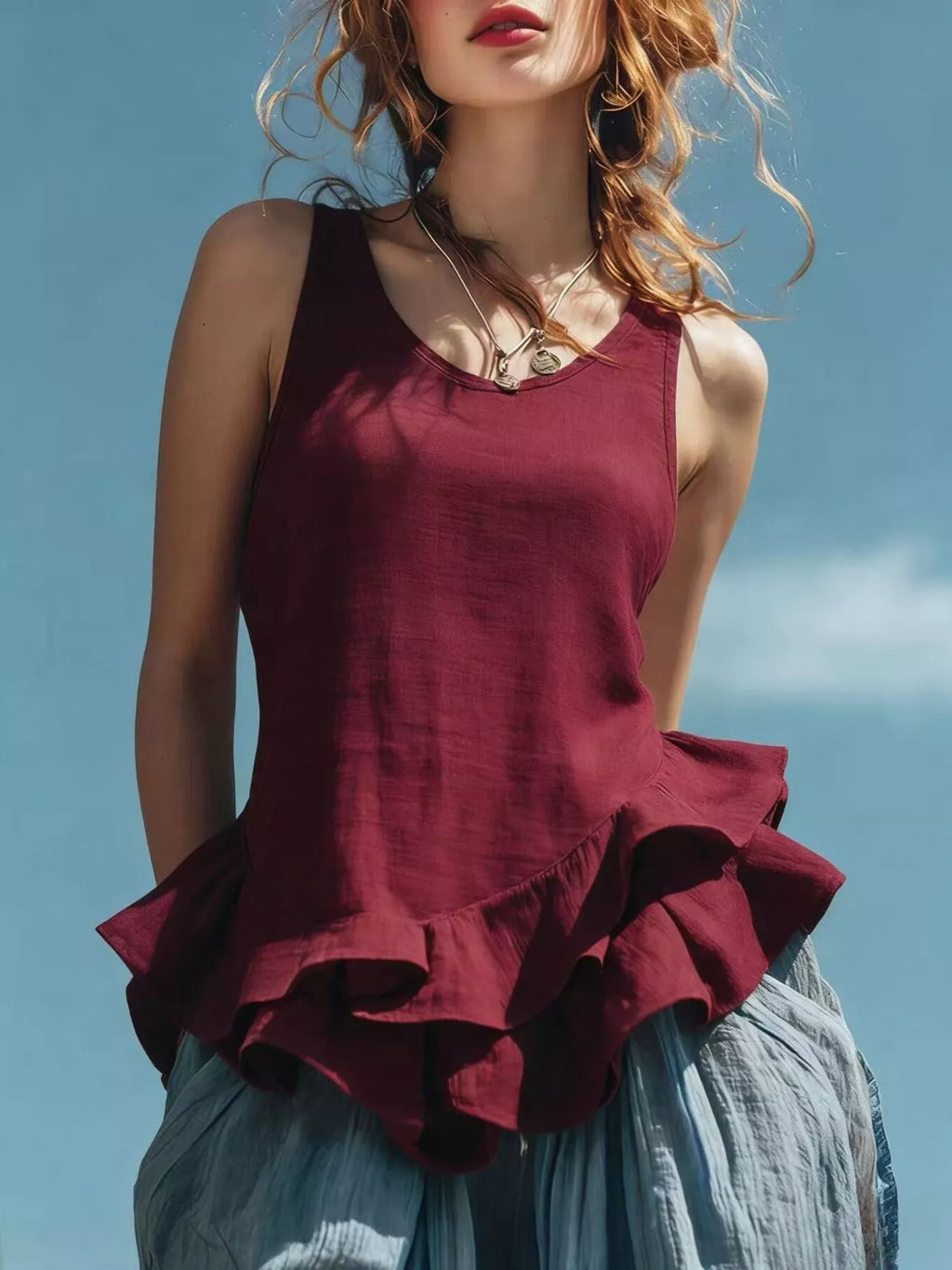 Ruffled Hem Round Neck Tank