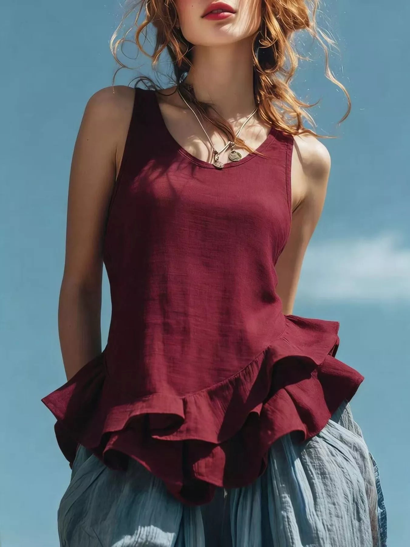 Ruffled Hem Round Neck Tank