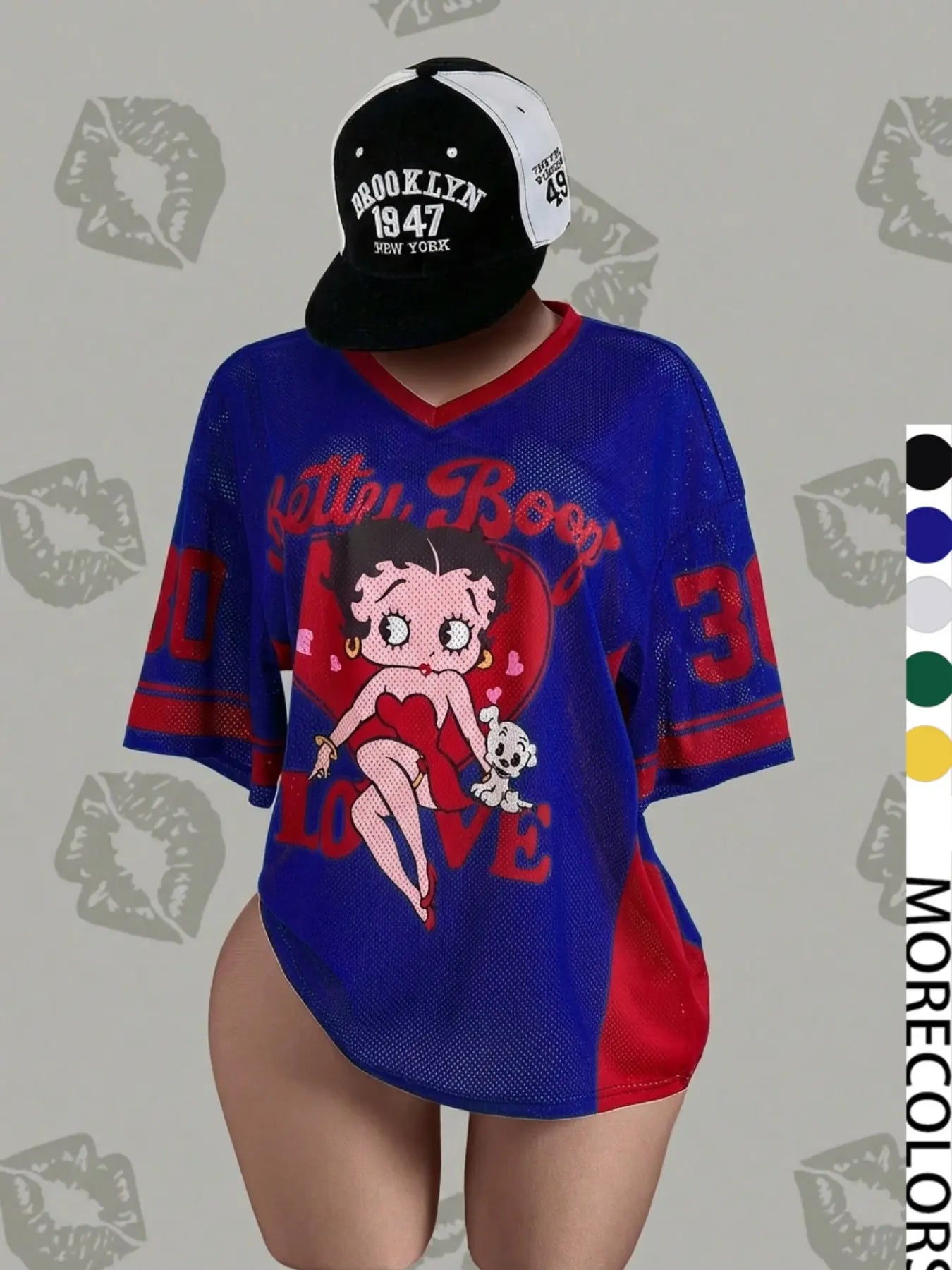 Streetwear Y2K Mesh Top – Vintage Doll Print V-Neck Shirt, Breathable Retro Aesthetic for Women