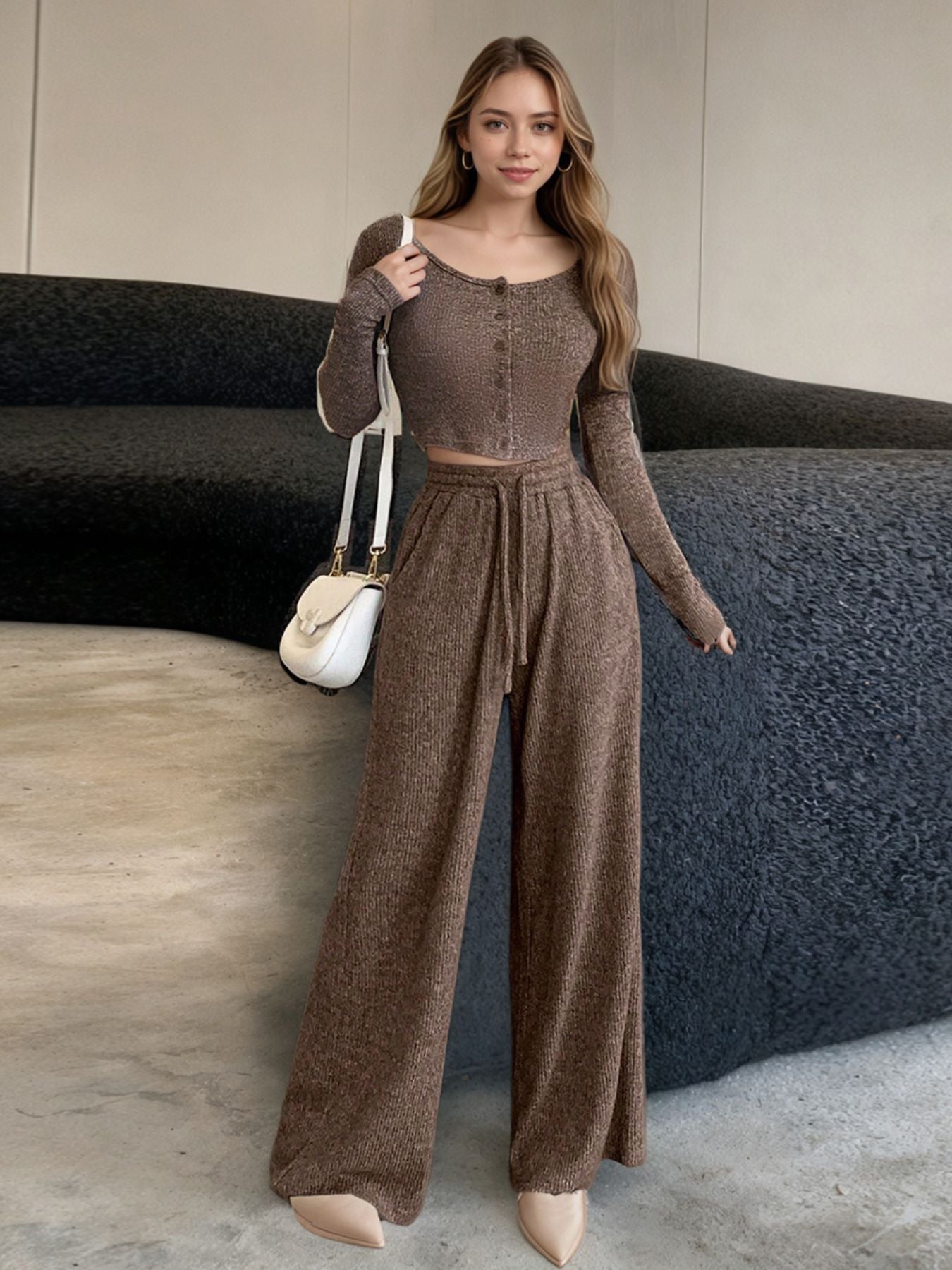 Casual Knit Long Sleeve Top and Wide Leg Pants Set