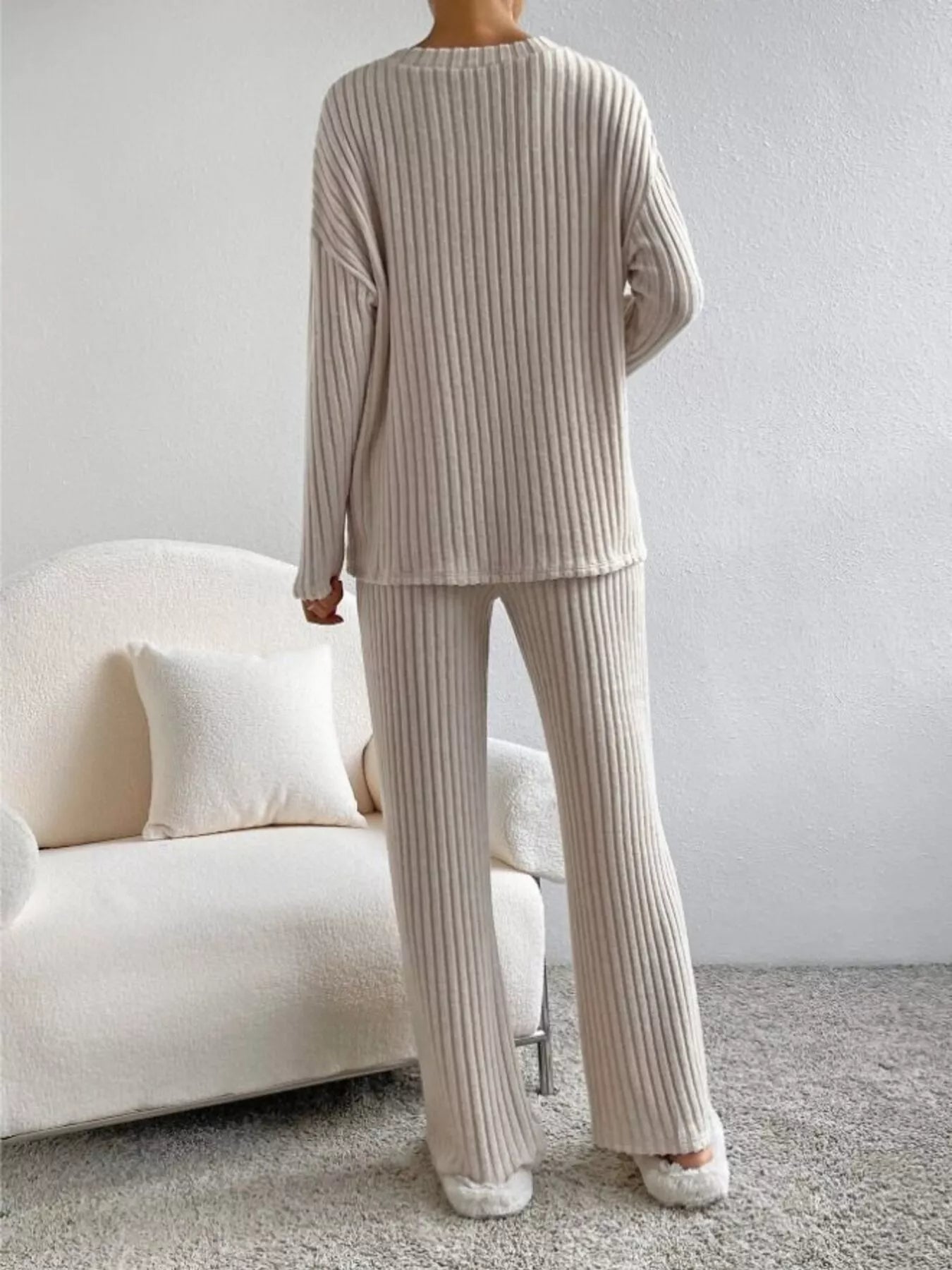 Ribbed Knit V-Neck Top and Pants Set