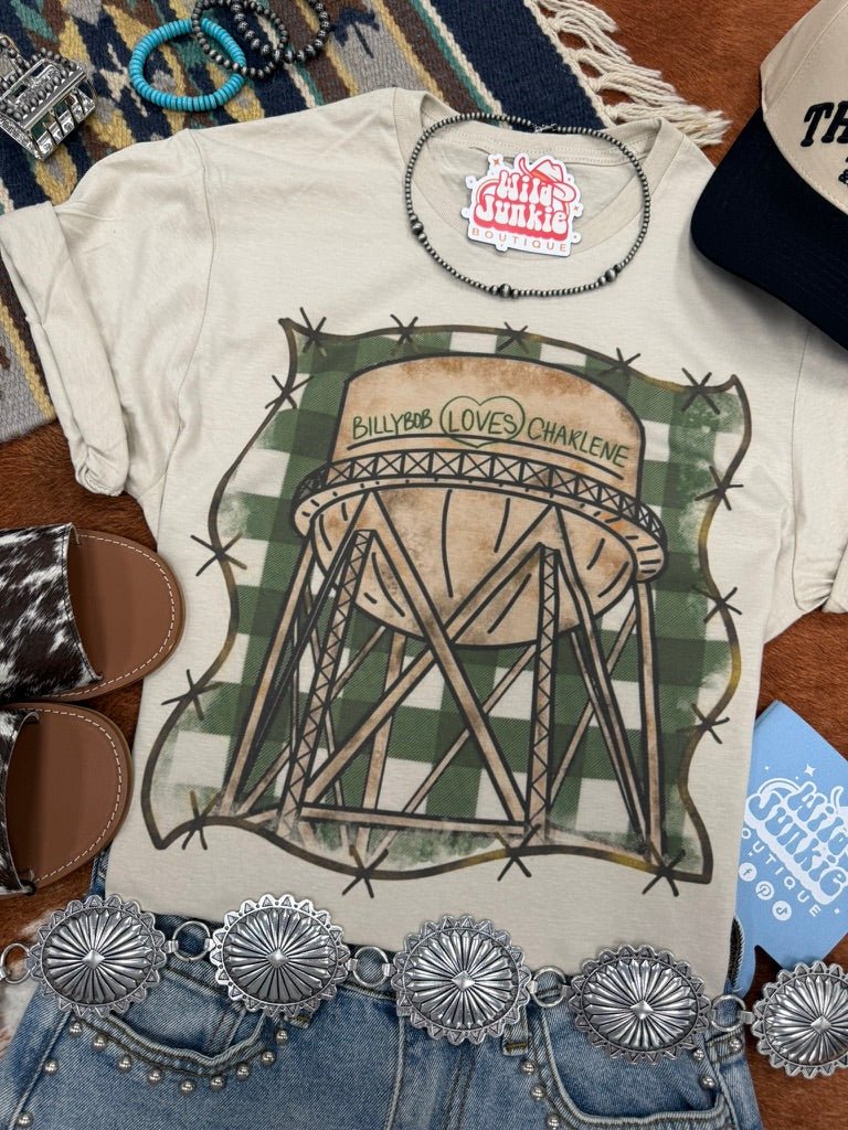 Wild Junkie Billy Bob Loves Charlene Graphic Tee — Wild Junkie branding close-up