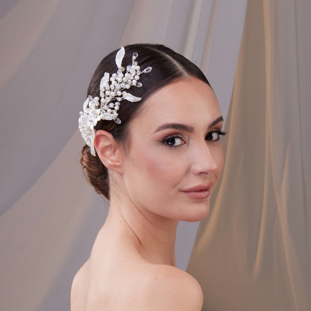 Resin Flower and Pearl Wedding Hair Vine – Bridal Port, view 5