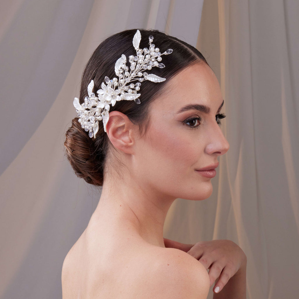 Resin Flower and Pearl Wedding Hair Vine – Bridal Port, view 3