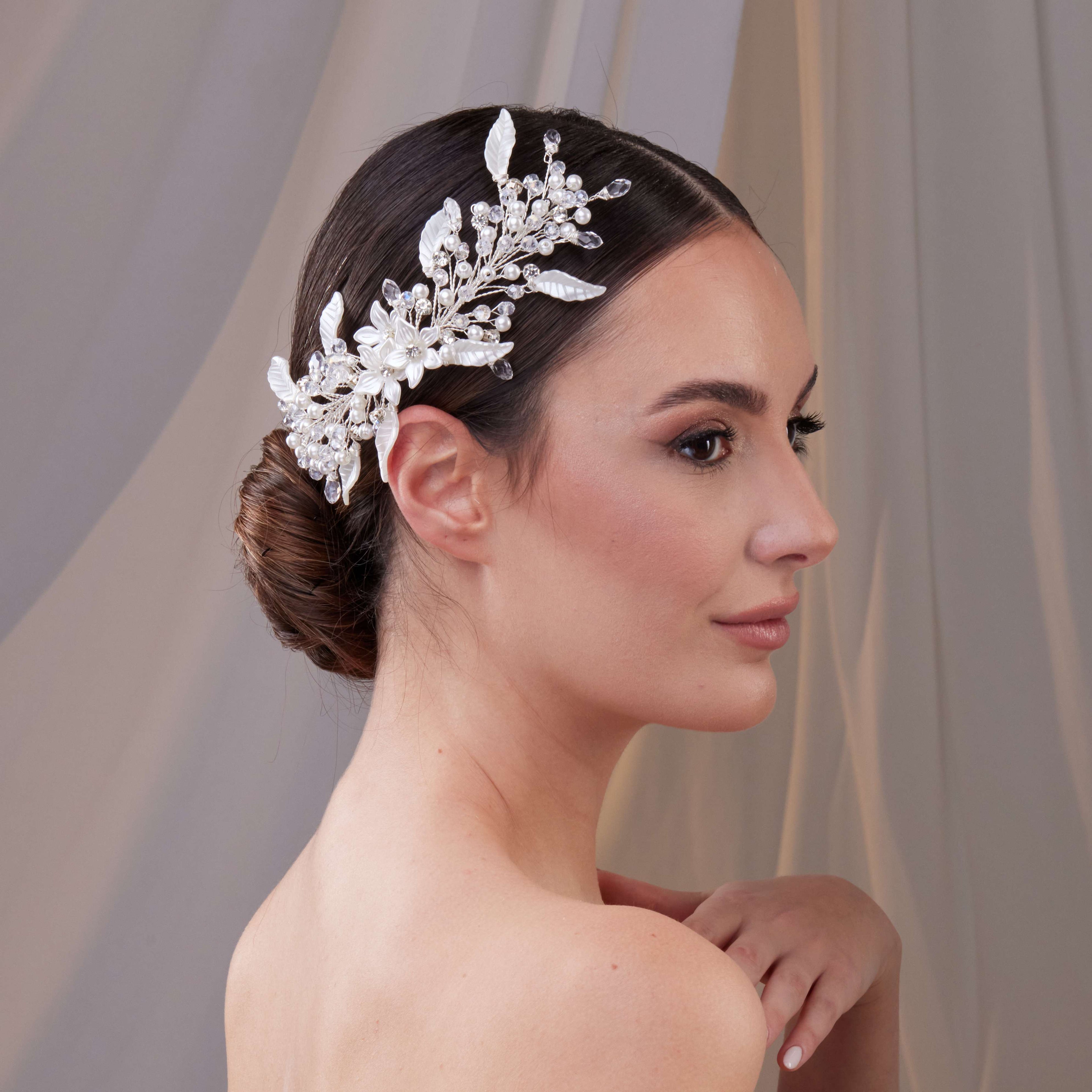 Resin Flower and Pearl Wedding Hair Vine – Bridal Port, view 3