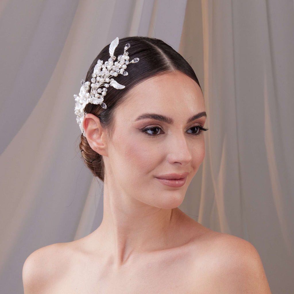 Resin Flower and Pearl Wedding Hair Vine – Bridal Port, view 6