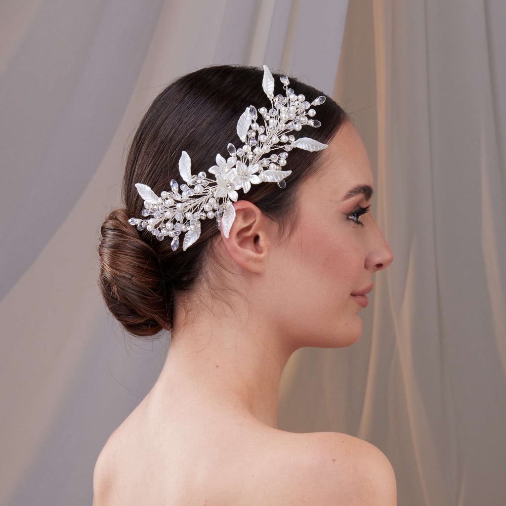 Resin Flower and Pearl Wedding Hair Vine – Bridal Port, view 2