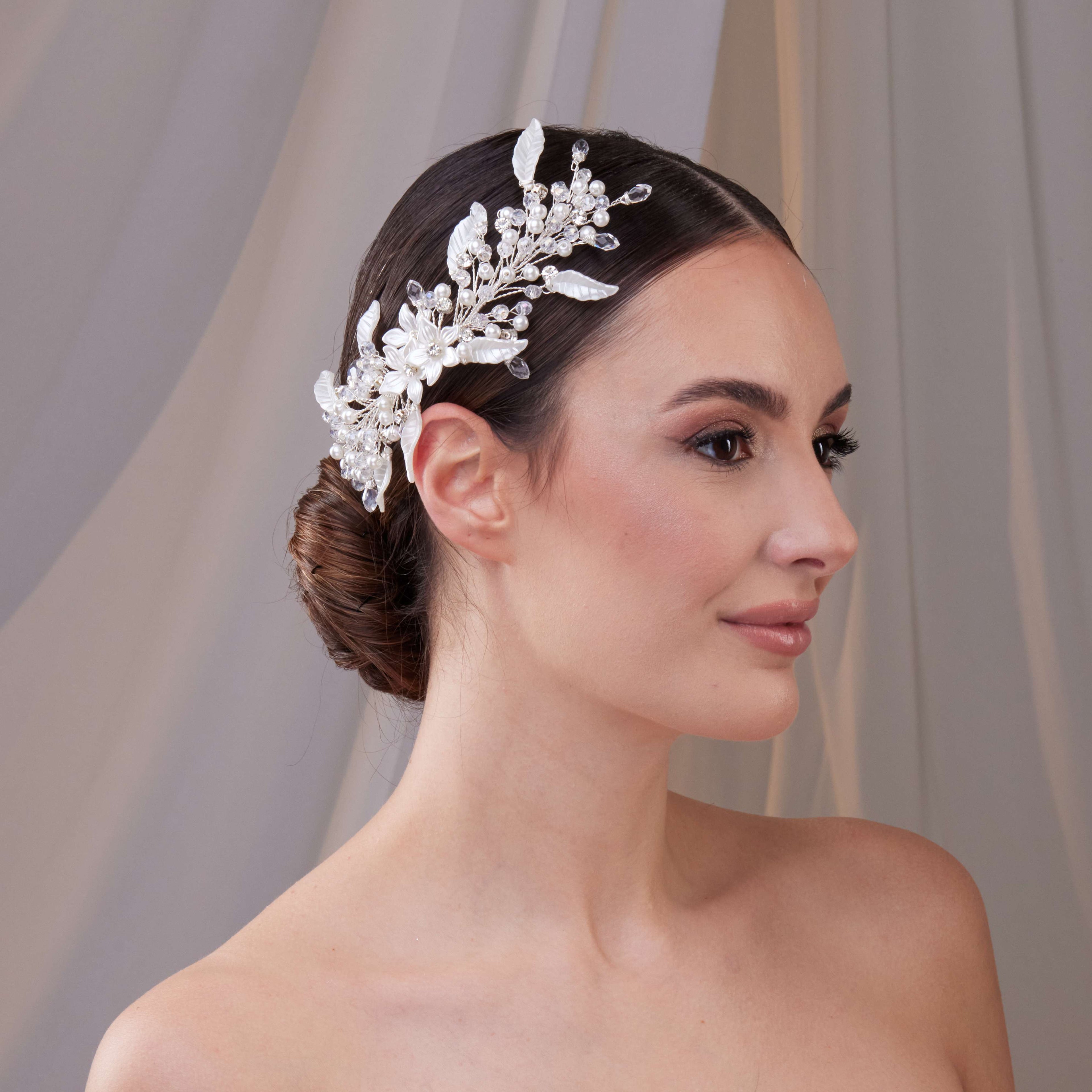 Resin Flower and Pearl Wedding Hair Vine – Bridal Port, view 4