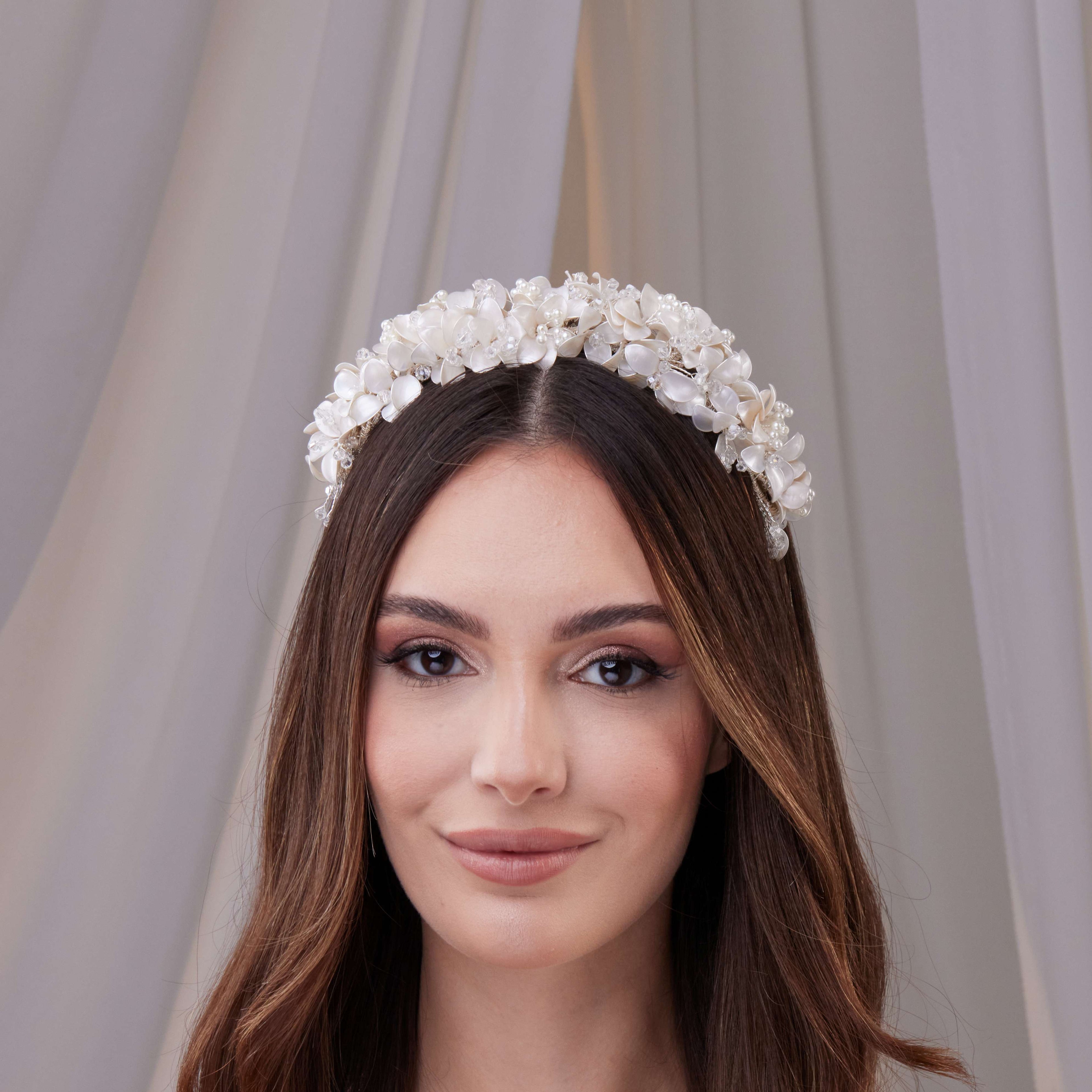 Handmade Pearl and Resin Flower Wedding Hair Band – Bridal Port, view 5