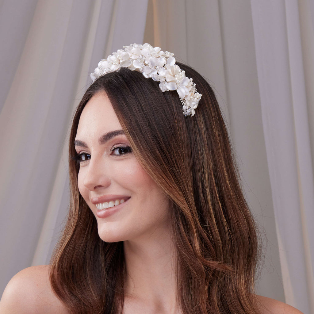 Handmade Pearl and Resin Flower Wedding Hair Band – Bridal Port, view 6