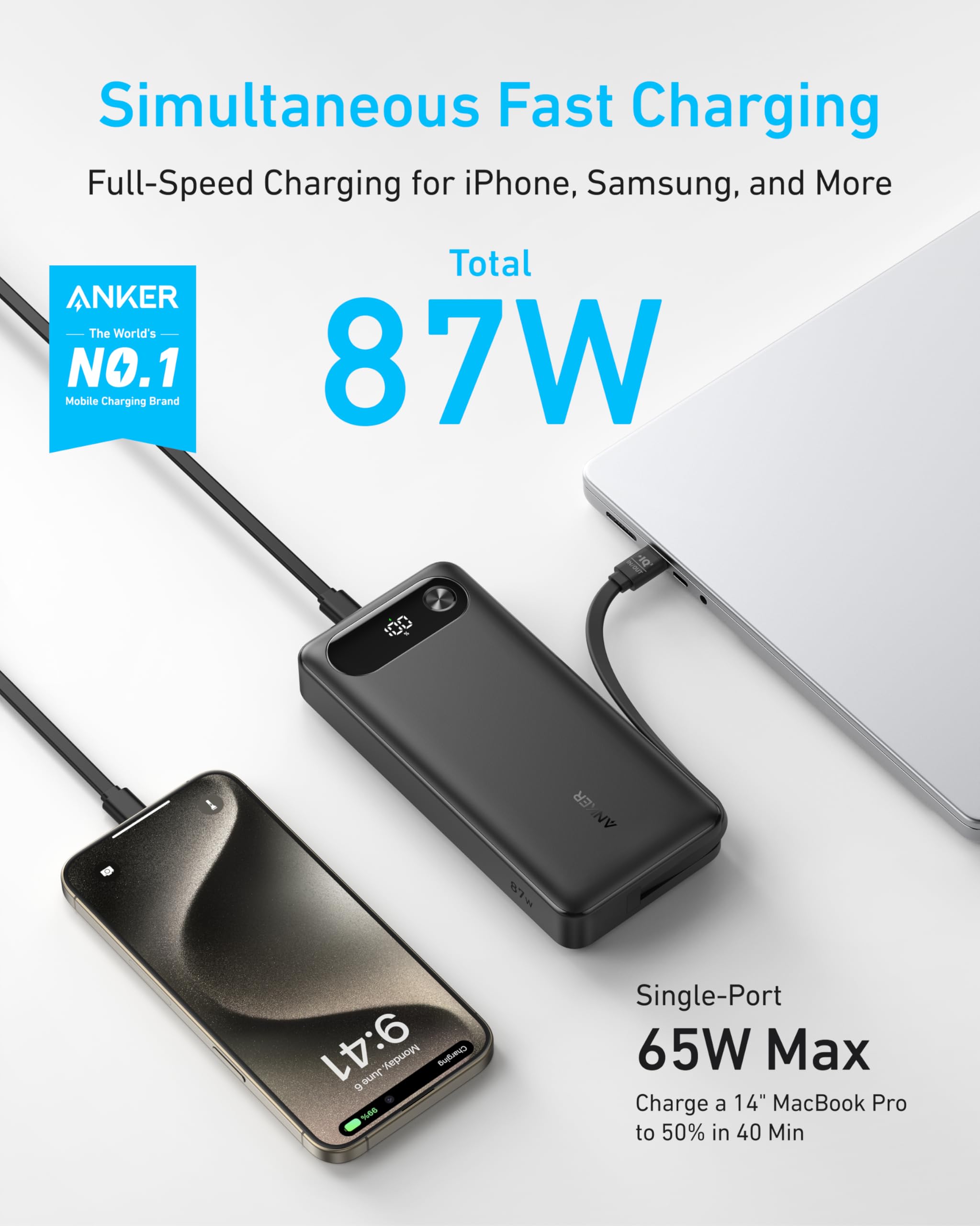 Anker Power Bank (20K, 87W, Built-In USB-C Cable), view 2