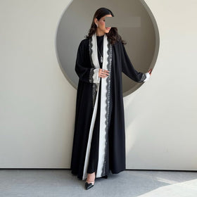 Black & White Lace Trim Open Abaya(MOA311)