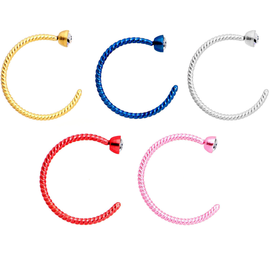 BodyCandy 20G 5/16 Clear Gem Multicolor Pack Set of 5 Twisted Nose Hoop Rings — detail and construction