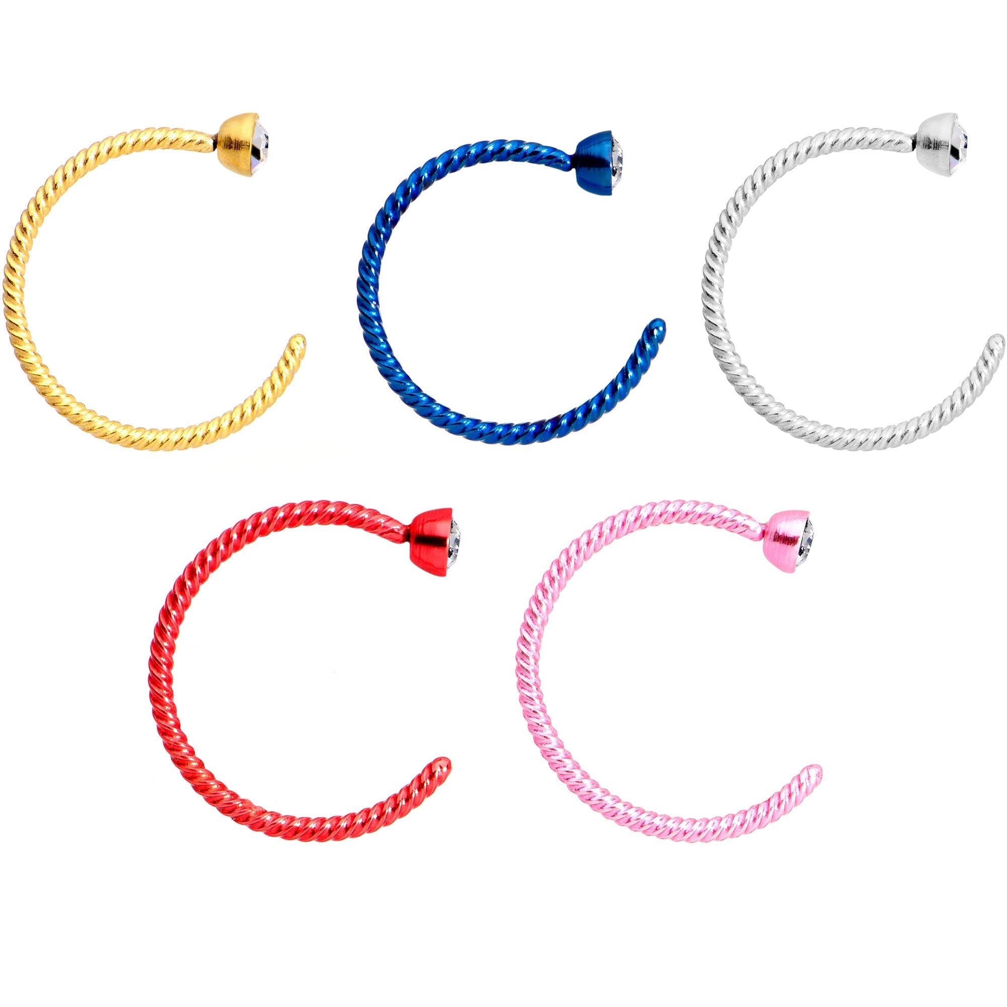 BodyCandy 20G 5/16 Clear Gem Multicolor Pack Set of 5 Twisted Nose Hoop Rings — detail and construction