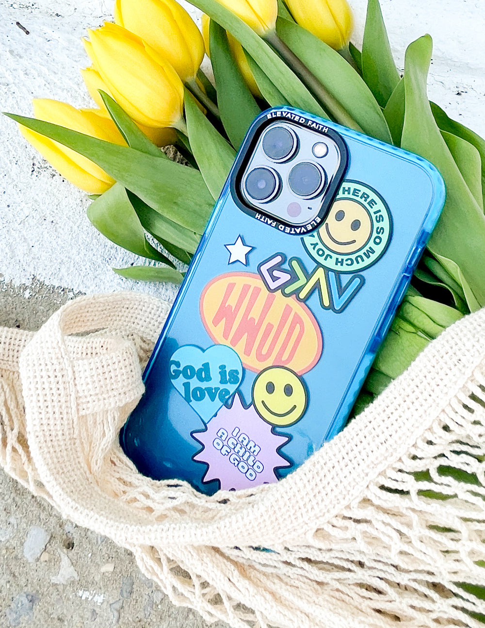 Elevated Faith Blue Sticker Collage Phone Case — lifestyle context