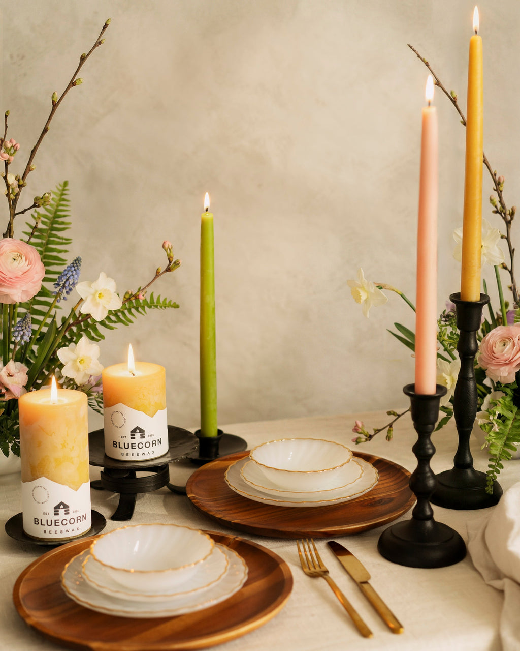 Bluecorn Candles Spring Beeswax Taper Candle Bundle - Dusty Rose, Apricot, Pistachio & Raw — branding close-up