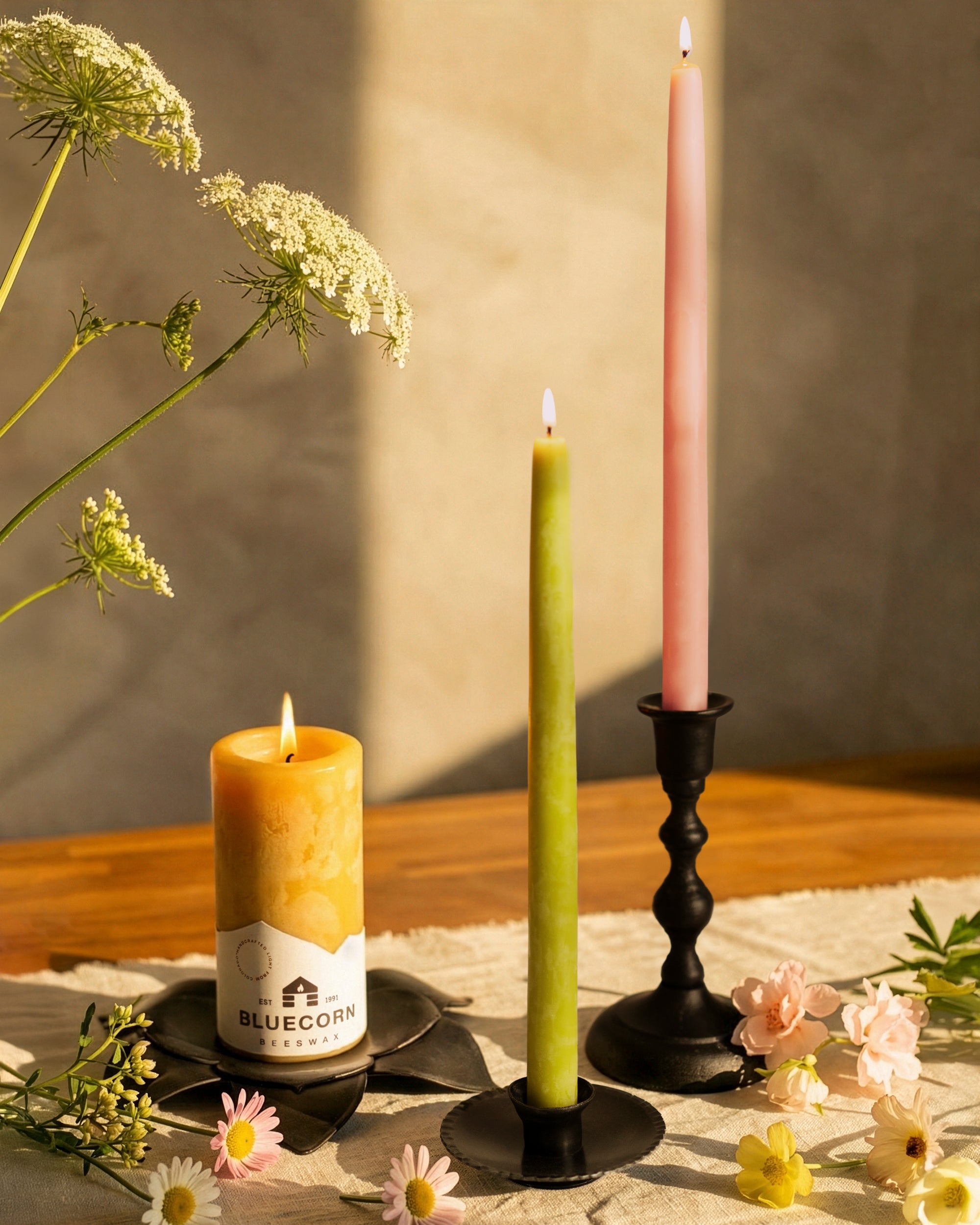Bluecorn Candles Spring Beeswax Taper Candle Bundle - Dusty Rose, Apricot, Pistachio & Raw — alternate view