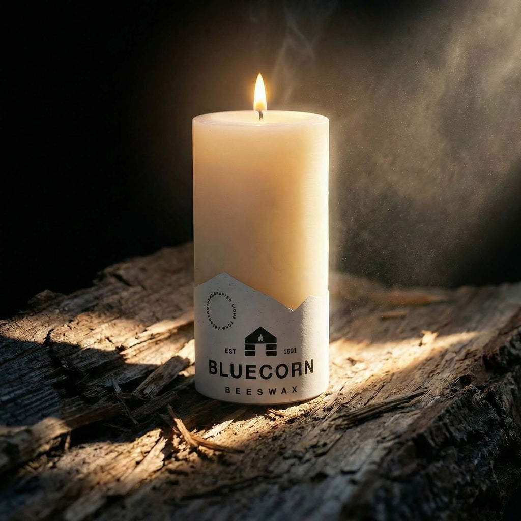 Bluecorn Candles Ivory Pure Beeswax Pillar Candles — detail and construction
