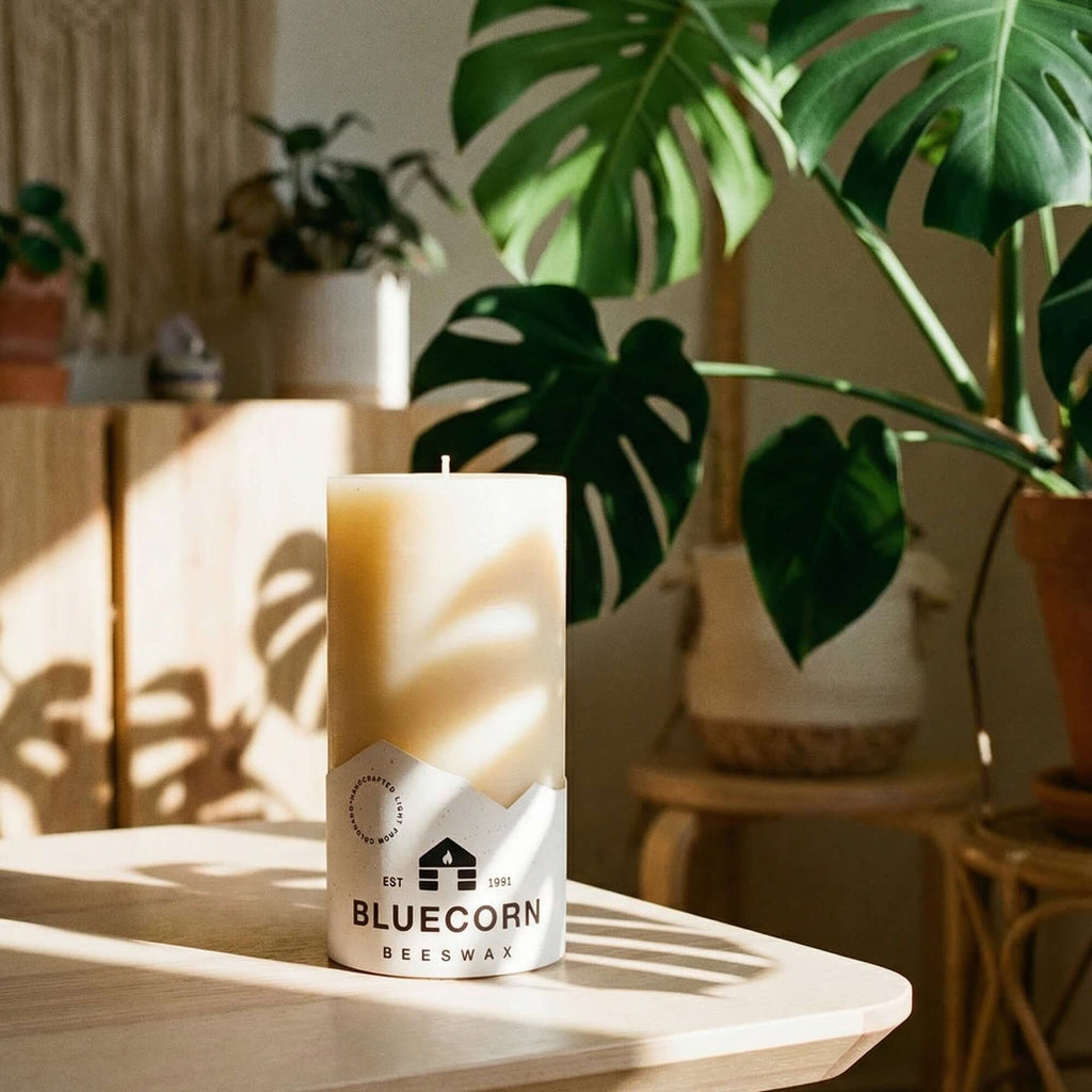Bluecorn Candles Ivory Pure Beeswax Pillar Candles — lifestyle context