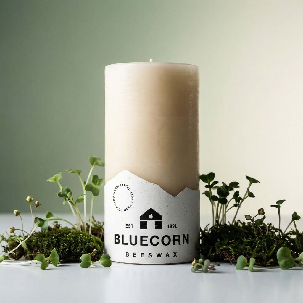 Bluecorn Candles Ivory Pure Beeswax Pillar Candles — packaging or label