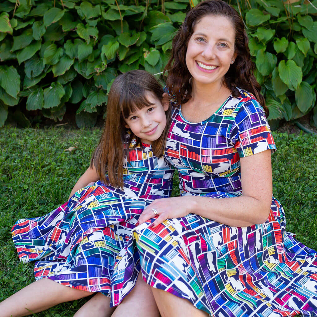 Princess Awesome & Boy Wonder Adult "Check Meowt" Rainbow Books & Cats Super Twirler Dress with Pockets — main product shot
