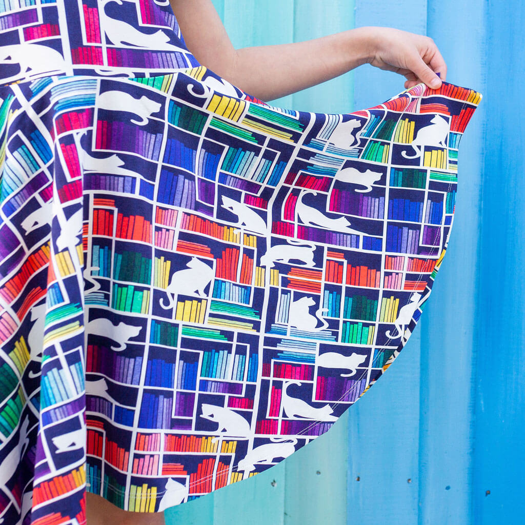 Princess Awesome & Boy Wonder "Check Meowt" Rainbow Books & Cats Super Twirler Dress with Pockets — construction detail