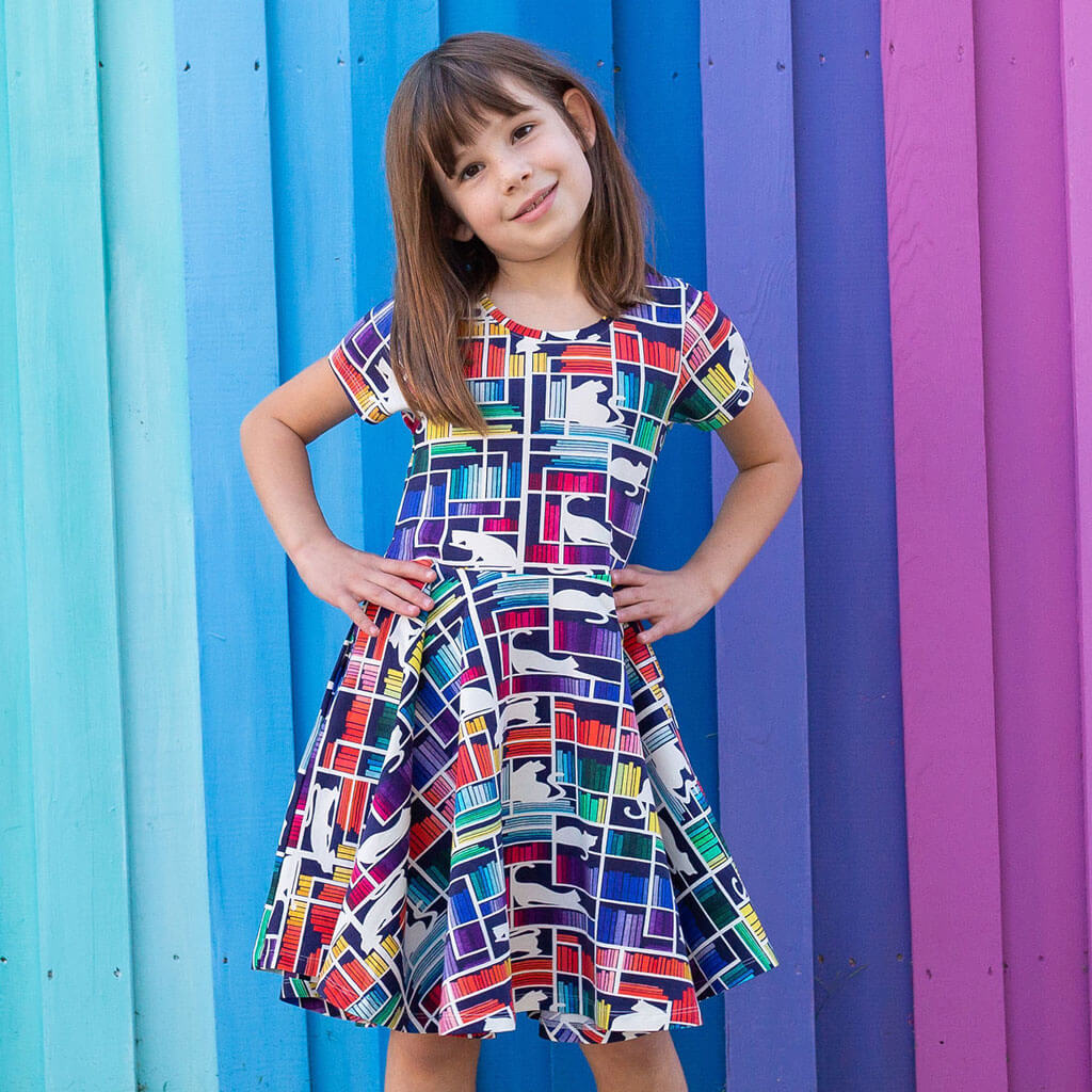 Princess Awesome & Boy Wonder "Check Meowt" Rainbow Books & Cats Super Twirler Dress with Pockets — main product shot