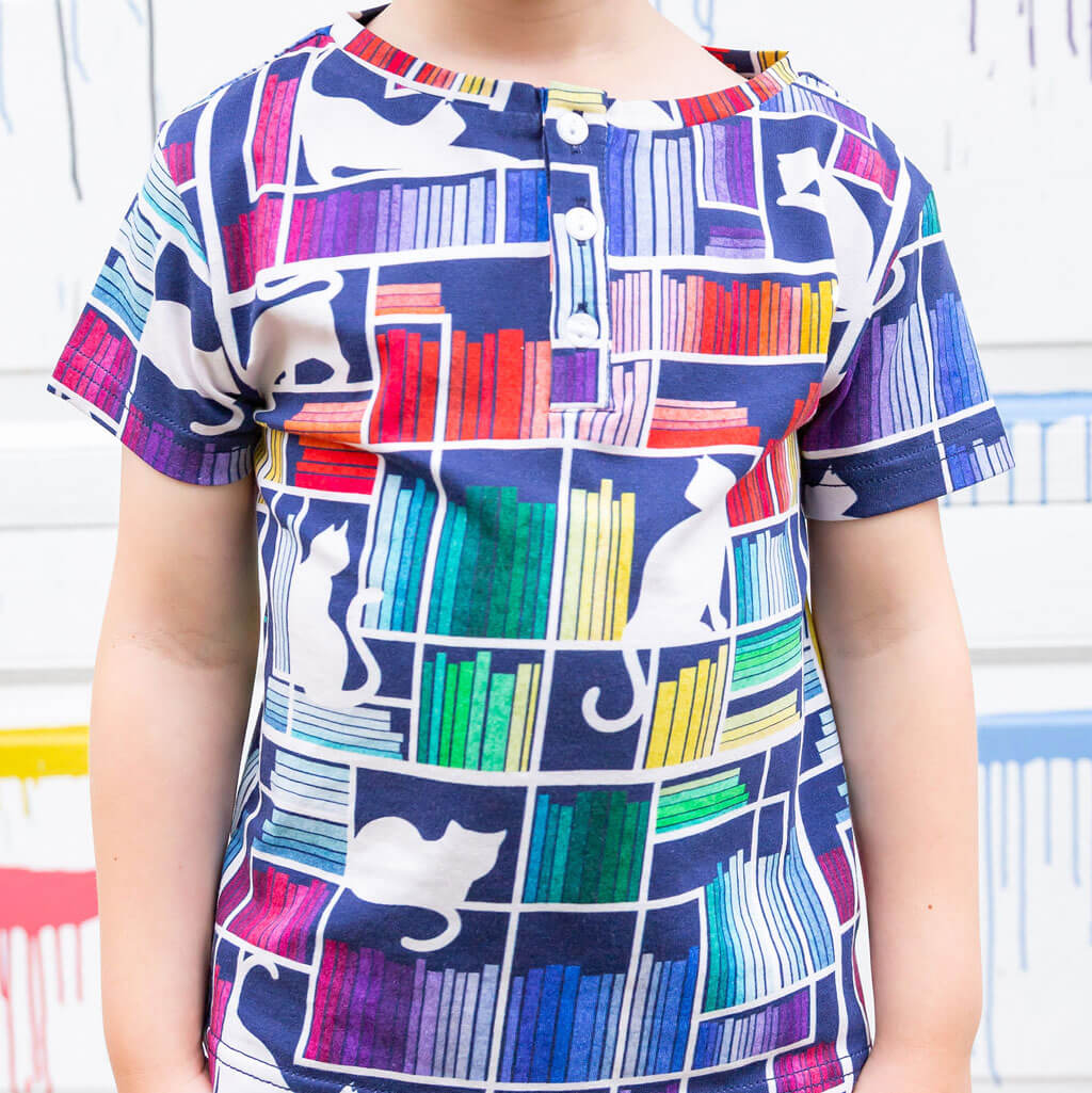 Princess Awesome & Boy Wonder "Check Meowt" Rainbow Books & Cats Henley Short Sleeve Tee — Short Sleeve detail