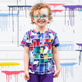 Princess Awesome & Boy Wonder "Check Meowt" Rainbow Books & Cats Henley Short Sleeve Tee — main product shot