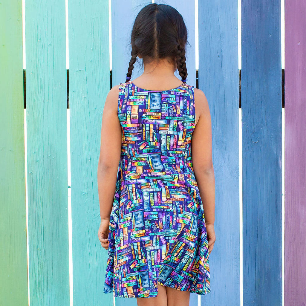 Princess Awesome & Boy Wonder "Lost in the Stacks" Books Sleeveless Play Dress with Pockets — detail shot 6