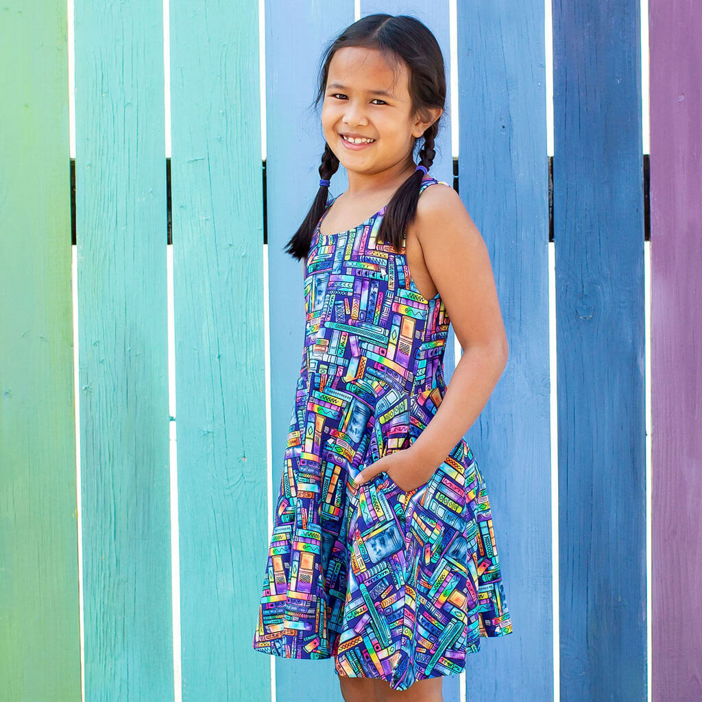 Princess Awesome & Boy Wonder "Lost in the Stacks" Books Sleeveless Play Dress with Pockets — detail shot 7